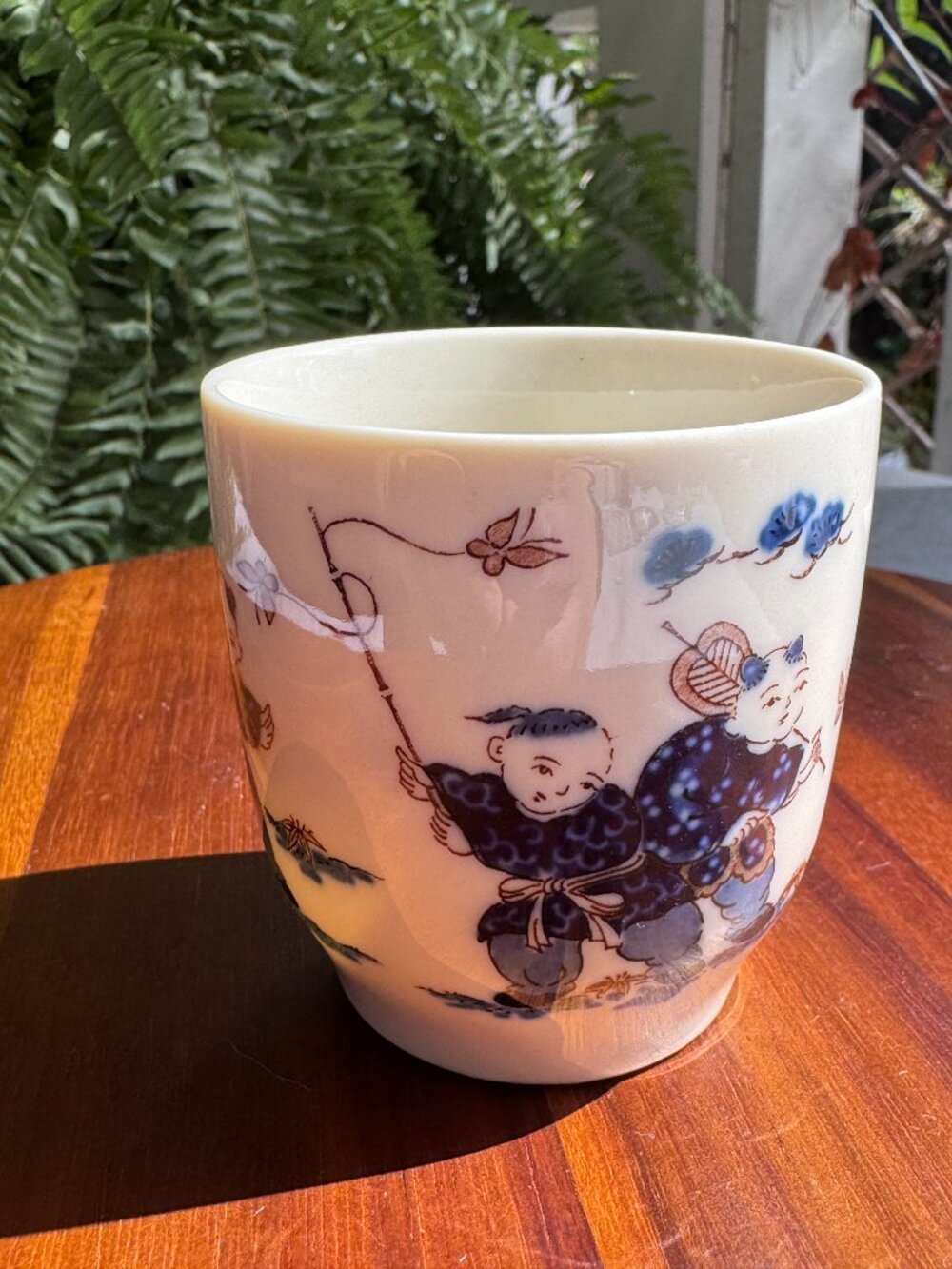 Vintage Norleans Japan Karako Tea Cup, Mid Century Blue / White Yunomi Porcelain